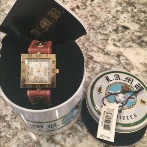 L.A.M.B. leather abalone/opal face jeweled watch